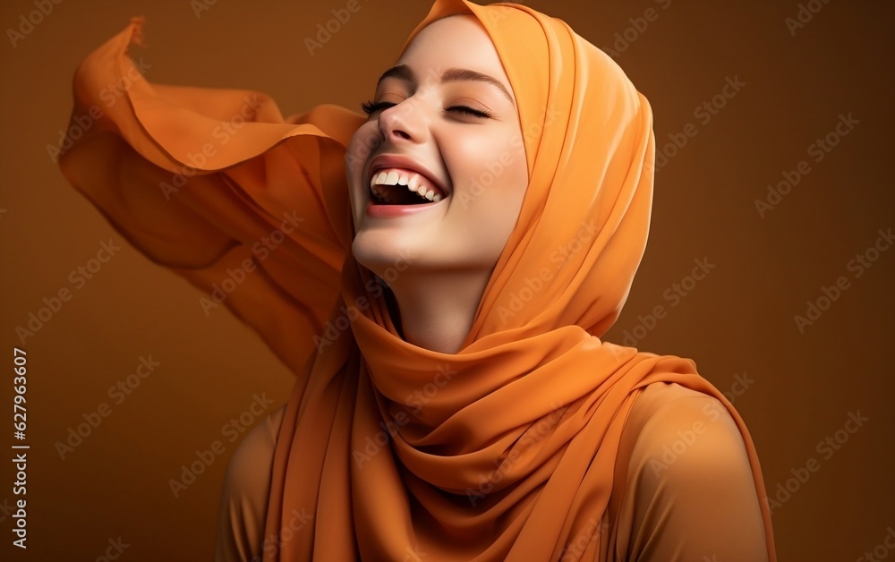 a happy muslim woman wearing a vibrant orange hijab ai stockpack adobe stock| بروفايل بنات انستقرام محجبات وبدون حجاب فخمة كيوت مختارة [صور + خلفيات]