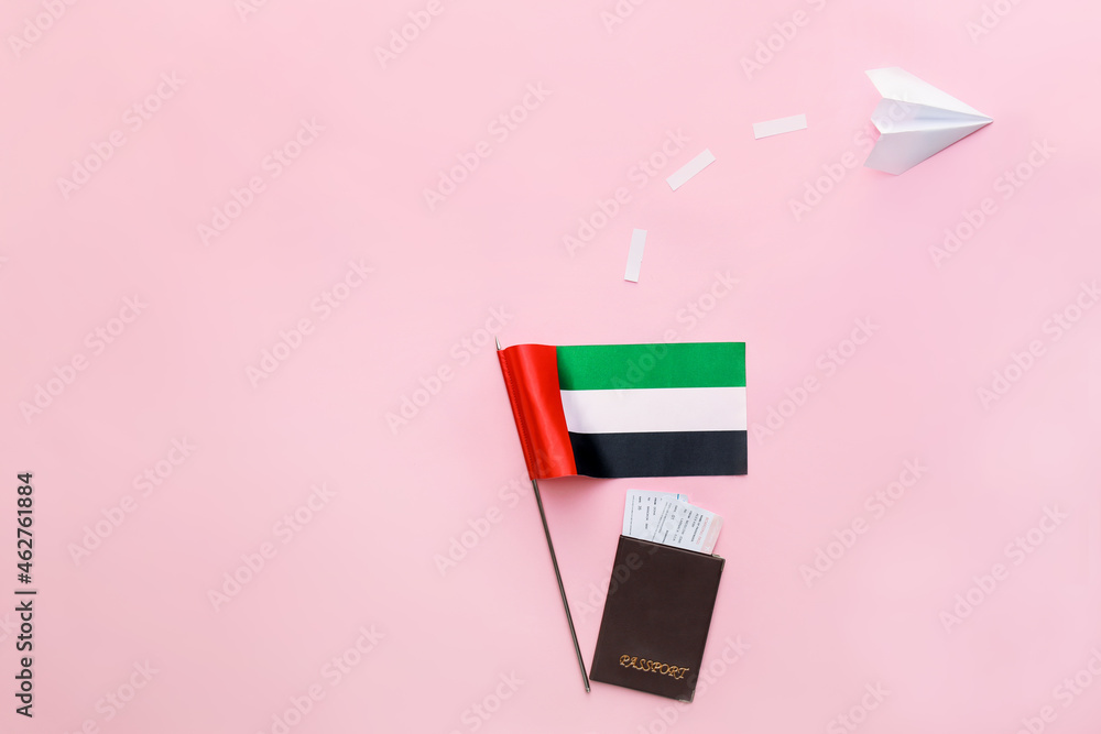 national united arab emirates flag passport and paper plane on pink background stockpack adobe stock| وظائف شركة دوام لجميع الجنسيات بمختلف التخصصات في الامارات